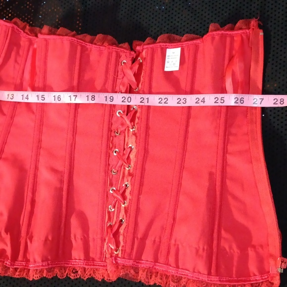 Lace Ruffled Very Red Satin Corset With Bows, Lace Up Back & Side Zipper (M) - Picture 14 of 16